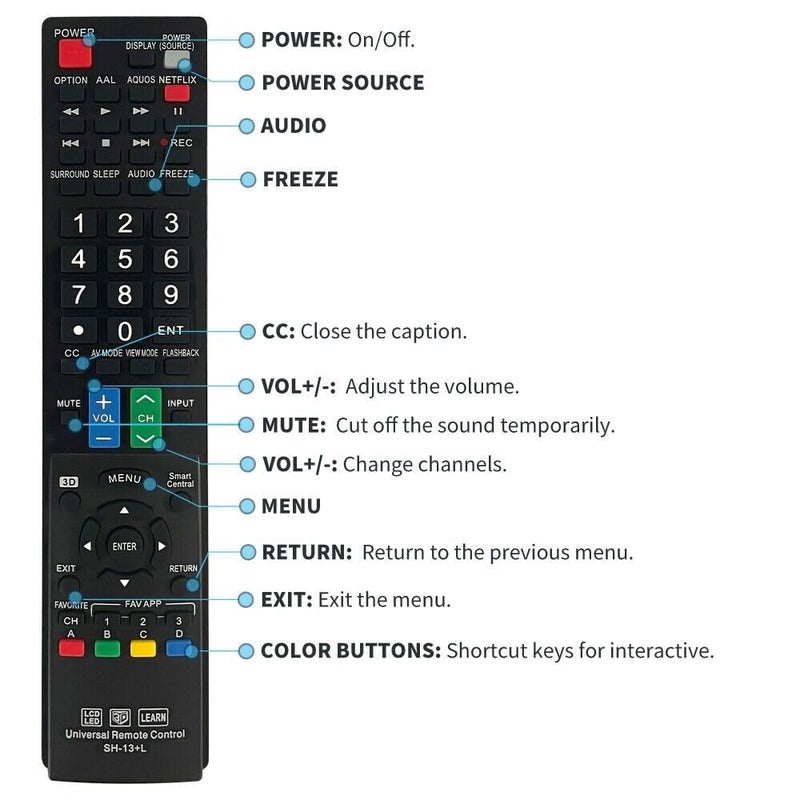 econtrolly New SH-13+L Replace Universal Remote Control fit for Almost All Sharp Brand LCD LED HD Smart TV GB004WJSA GB005WJSA GA890WJSA GB118WJSA GJ221-C GJ221 - Image 3